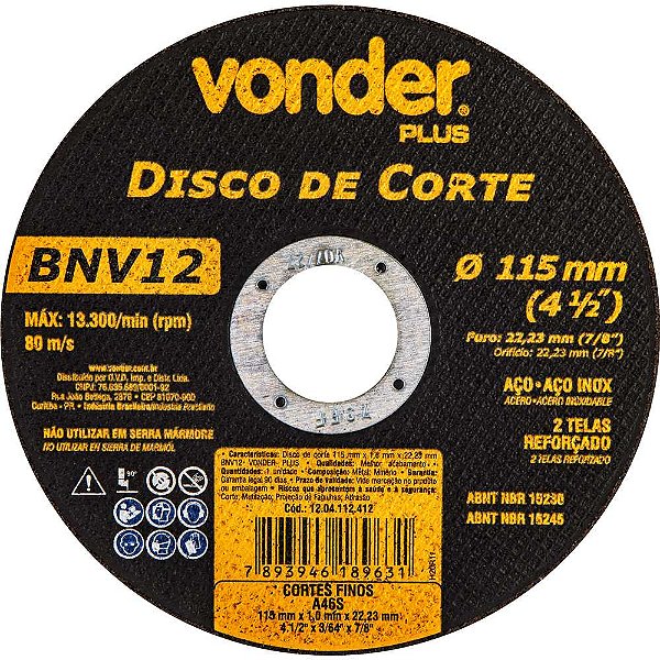 Disco de corte 115mm x 1,0mm x 22,23mm BNV12 VONDER PLUS