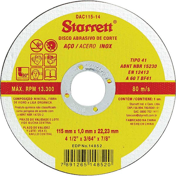 Disco de corte 115mm x 1,0mm x 22,23mm DAC115-14 STARRETT