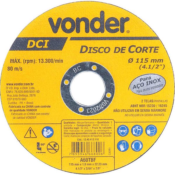 Disco de corte 115mm x 1,0mm x 22,23mm DCI INOX VONDER