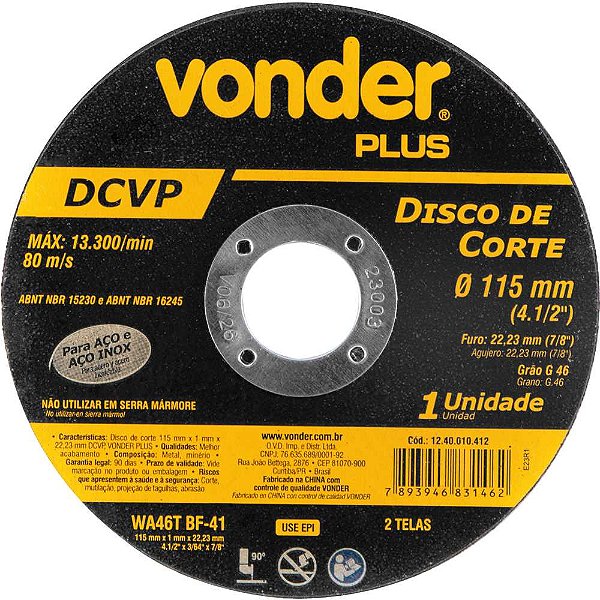 Disco de corte 115mm x 1,0mm x 22,23mm DCVP VONDER PLUS