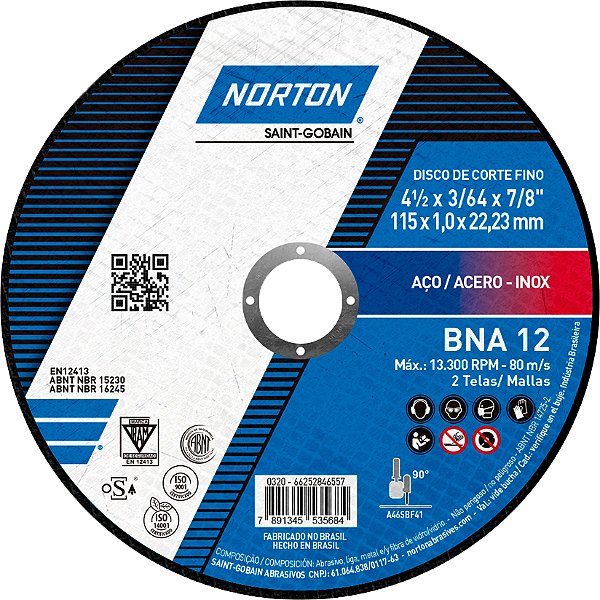 Disco de corte 115mm x 1,0mm x 22,23mm caixa com 25 unidades novo BNA12 NORTON