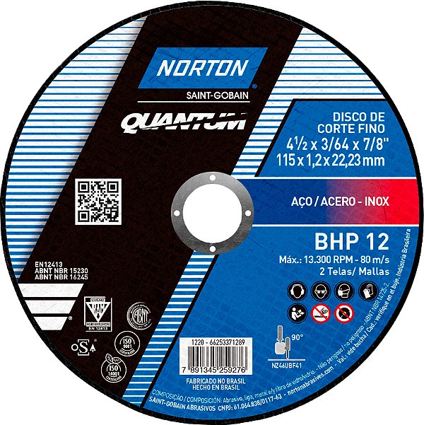 Disco de corte 115mm x 1,2mm x 22,23mm BHP 12 NORTON