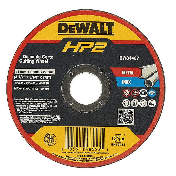 Disco de corte 115mm x 1,2mm x 22,23mm DW84407 HP2 DEWALT