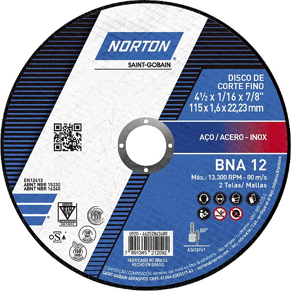 Disco de corte 115mm x 1,6mm x 22,23mm BNA12 NORTON