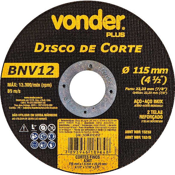 Disco de corte 115mm x 1,6mm x 22,23mm BNV12 VONDER PLUS