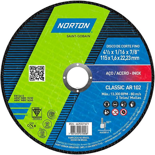 Disco de corte 115mm x 1,6mm x 22,23mm Classic NORTON
