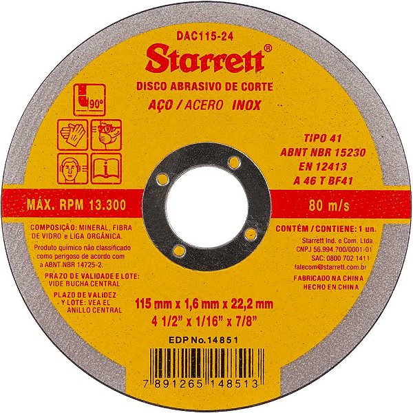 Disco de corte 115mm x 1,6mm x 22,23 mm DAC115-24 STARRETT