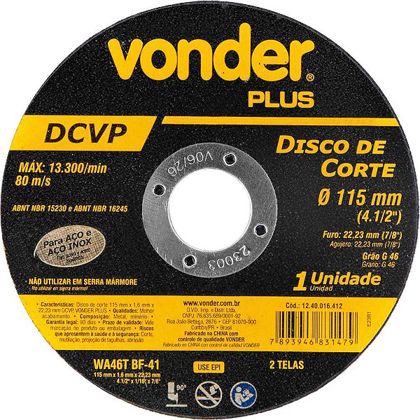 Disco de corte 115mm x 1,6mm x 22,23mm DCVP VONDER PLUS
