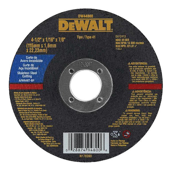 Disco de corte 115mm x 1,6mm x 22,23mm para aço e inox corte fino DW44800 DEWALT