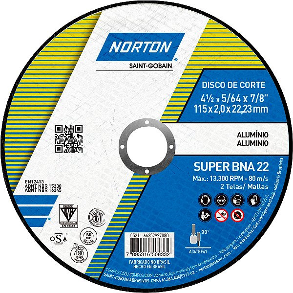 Disco de corte 115mm x 2,0mm x 22,23mm alumínio BNA22 NORTON