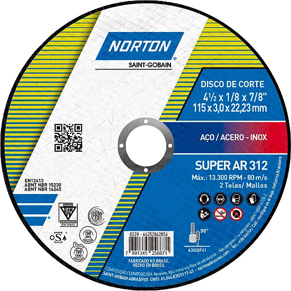 Disco de corte 115mm x 3,0mm x 22,23mm AR 312 NORTON