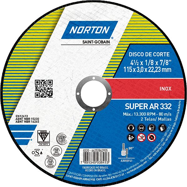 Disco de corte 115mm x 3,0mm x 22,23mm AR332 NORTON