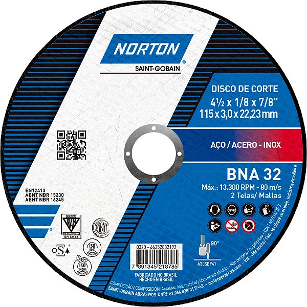 Disco de corte 115mm x 3,0mm x 22,23mm BNA32 NORTON