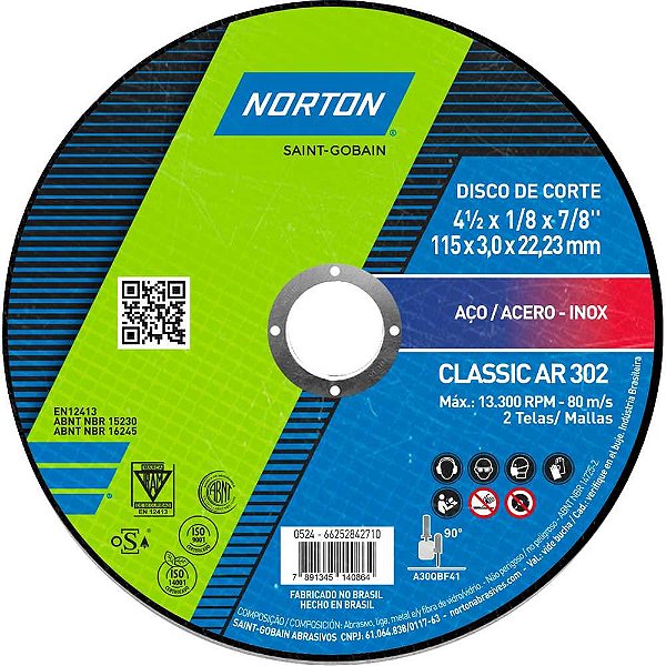 Disco de corte 115mm x 3,0mm x 22,23mm Classic NORTON