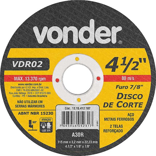 Disco de corte 115mm x 3,0mm x 22,23mm VDR02 VONDER