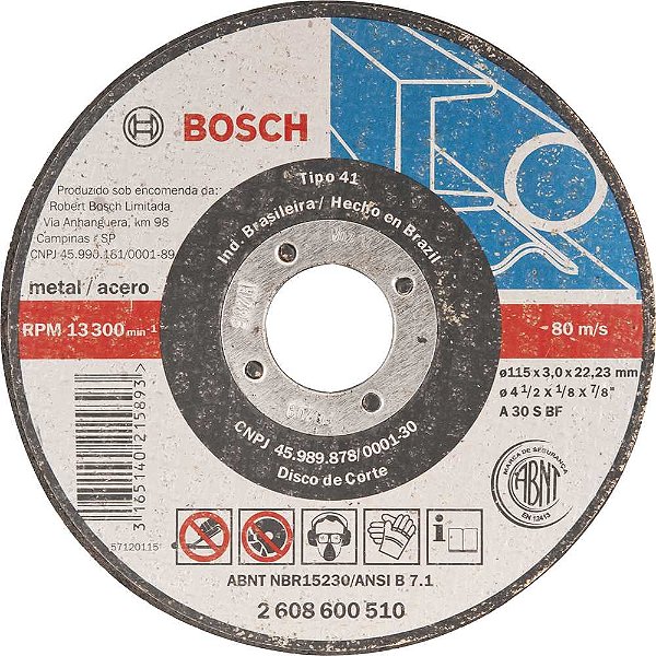 Disco de corte 115mm x 3,2mm x 22,23mm 2608600510 BOSCH