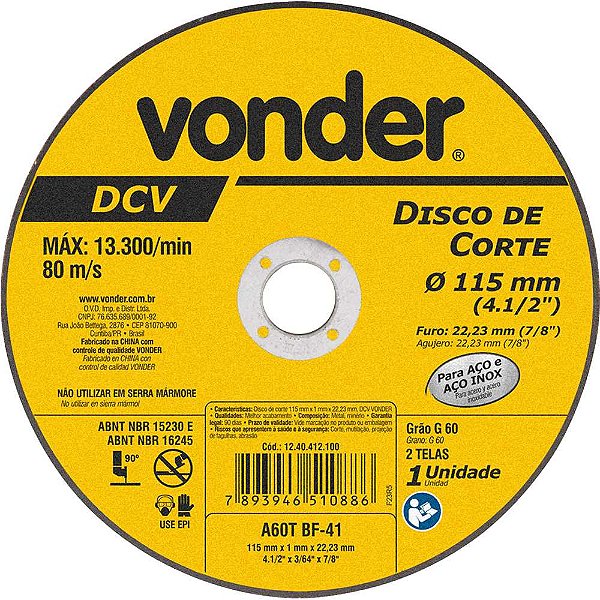 Disco de corte 115,0mm x 1,0mm x 22,23mm DCV VONDER