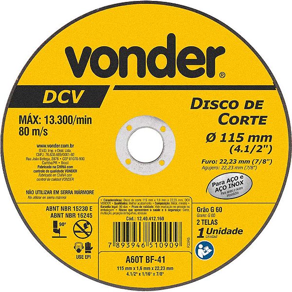 Disco de corte 115,0mm x 1,6mm x 22,23mm DCV VONDER