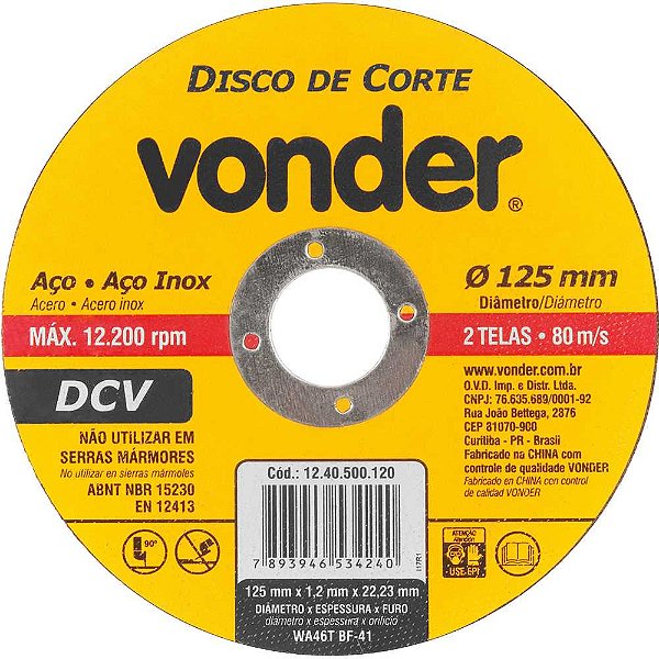 Disco de corte 125,0mm x 1,2mm x 22,23mm DCV VONDER
