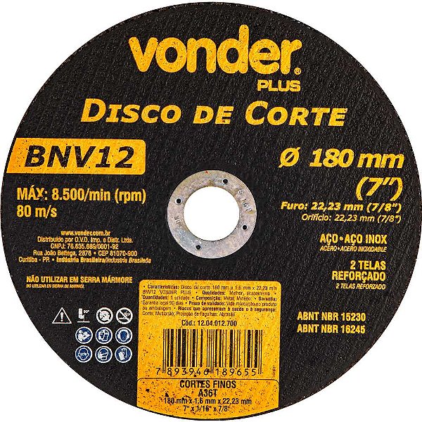 Disco de corte 180mm x 1,6mm x 22,23mm BNV12 VONDER PLUS