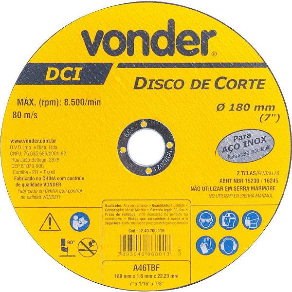 Disco de corte 180mm x 1,6mm x 22,23mm DCI INOX VONDER
