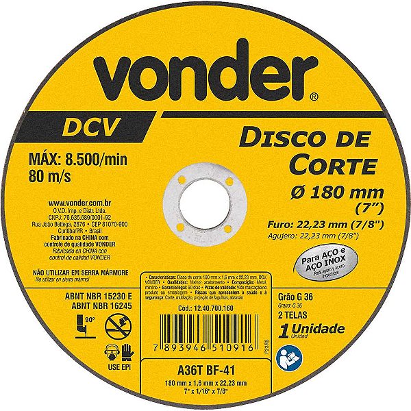 Disco de corte 180mm x 1,6mm x 22,23mm DCV VONDER