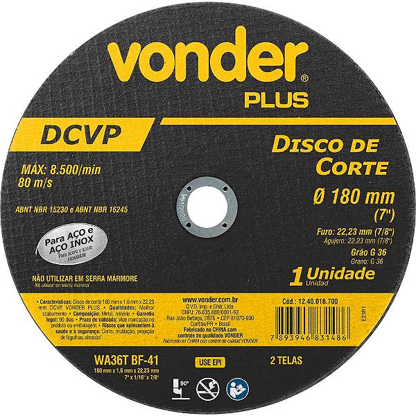 Disco de corte 180mm x 1,6mm x 22,23mm DCVP VONDER PLUS
