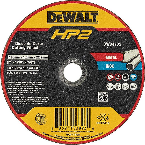 Disco de corte 180mm x 1,6mm x 22,23mm DW84705 HP2 DEWALT