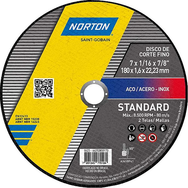 Disco de corte 180mm x 1,6mm x 22,23mm standard NORTON