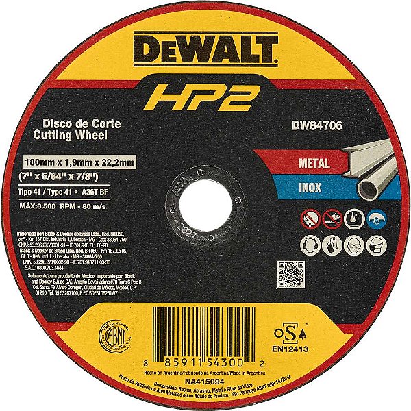 Disco de corte 180mm x 1,9mm x 22,23mm DW84706 HP2 DEWALT