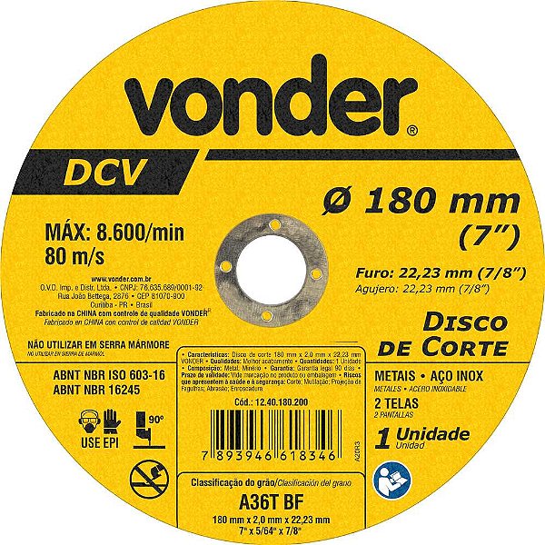 Disco de corte 180mm x 2,0mm x 22,23mm DVC VONDER