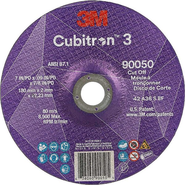 Disco de corte 180mm x 2,0mm x 22,23mm grão 36+ T27 para aço e inox Cubitron 3 HB004793889 3M