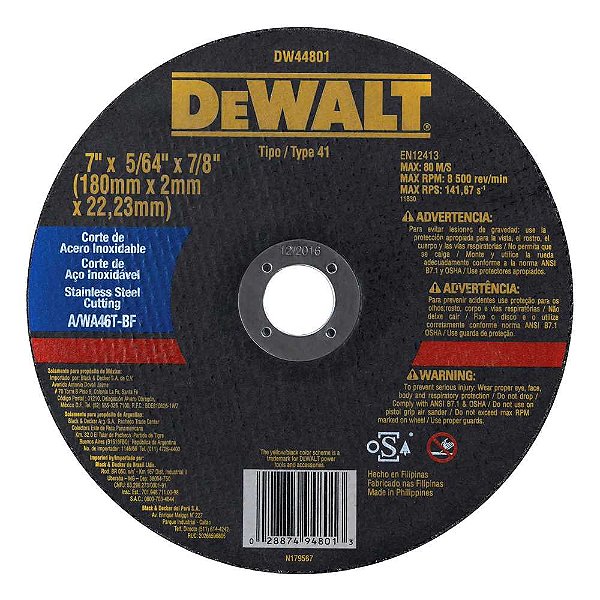 Disco de corte 180mm x 2,0mm x 22,23mm para aço e inox corte fino DW44801 DEWALT
