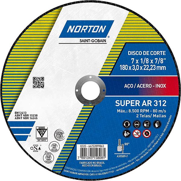 Disco de corte 180mm x 3,0mm x 22,23mm AR 312 NORTON