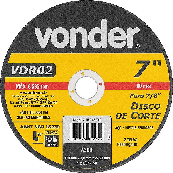 Disco de corte 180mm x 3,0mm x 22,23mm VDR02 VONDER