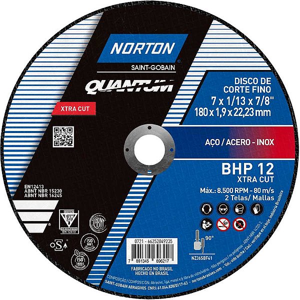 Disco de corte 180,0mm x 1,9mm x 22,2mm BHP-XTRA CUT para aço inox alta performance 66252849235,NORTON