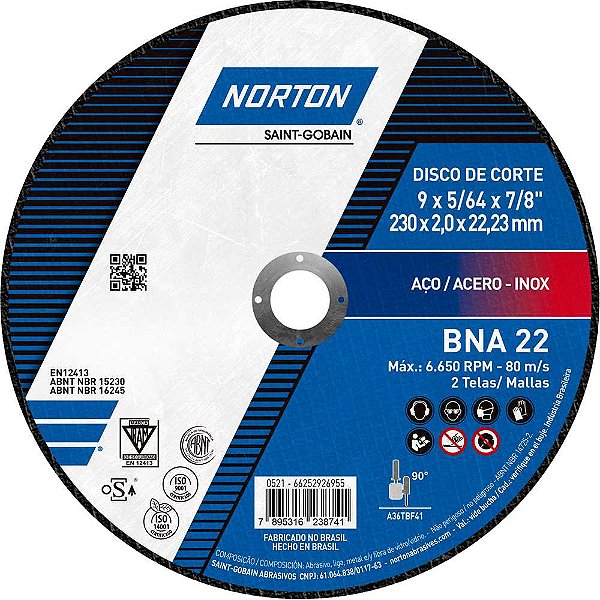 Disco de corte 230mm x 2,0mm x 22,23mm BNA 22 NORTON