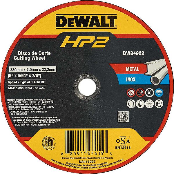 Disco de corte 230mm x 2,0mm x 22,23mm DW84902 HP2 DEWALT