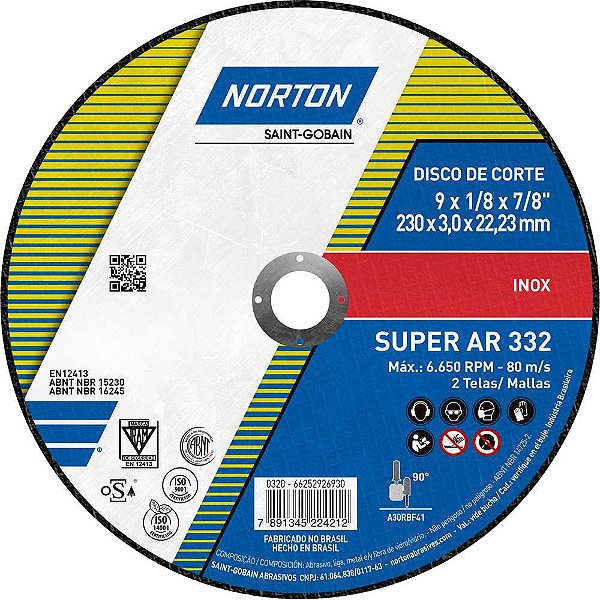 Disco de corte 230mm x 3,0mm x 22,23mm AR332 NORTON