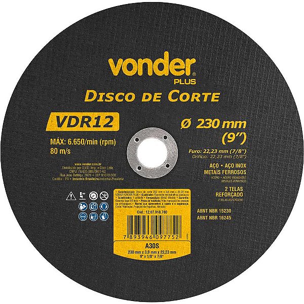 Disco de corte 230mm x 3,0mm x 22,23mm VDR12 VONDER PLUS
