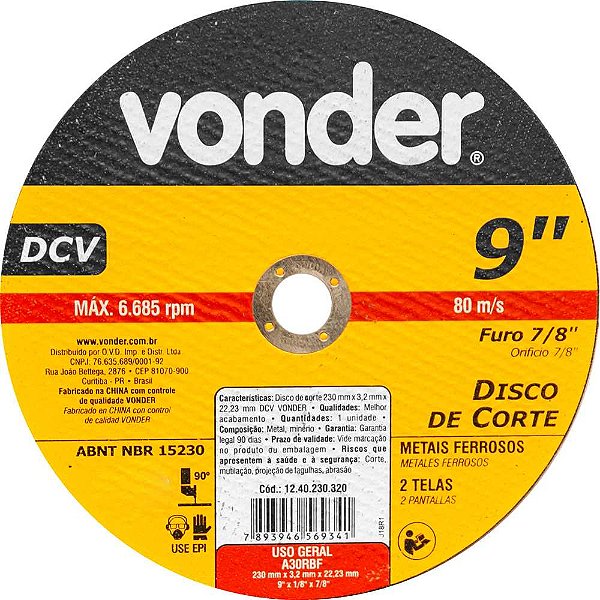 Disco de corte 230mm x 3,2mm x 22,23mm DCV VONDER