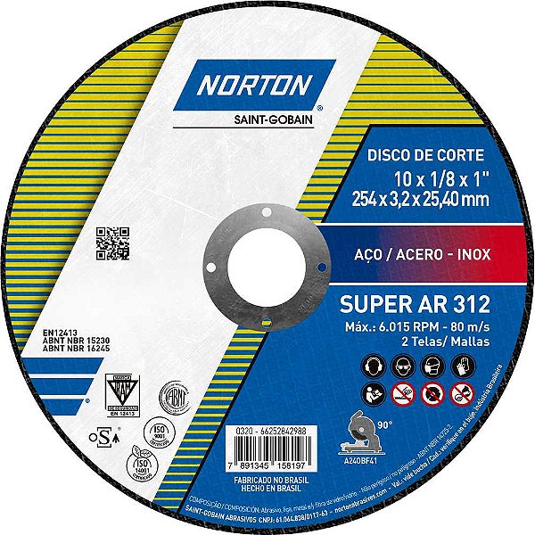 Disco de corte 254mm x 3,2mm x 25,40mm AR 312 NORTON