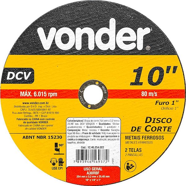 Disco de corte 254mm x 3,2mm x 25,40mm DCV VONDER