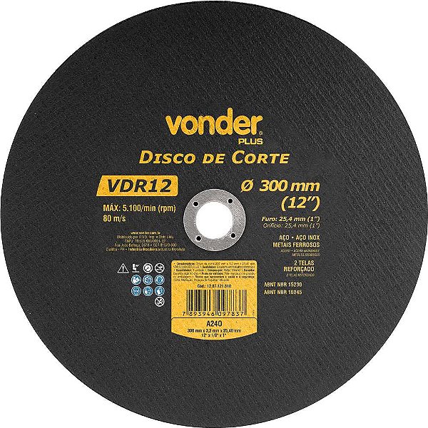 Disco de corte 300mm x 3,2mm x 25,40mm VDR12 VONDER PLUS