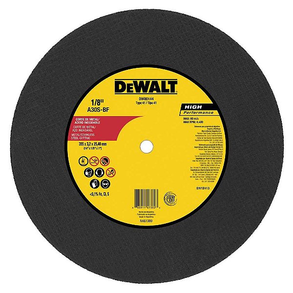 Disco de corte 355mm x 3,2mm x 25,40mm para aço e inox High Performance DW80144 DEWALT