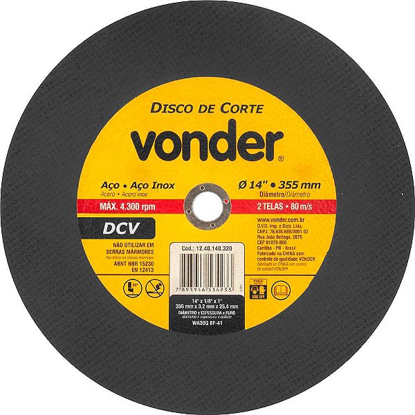 Disco de corte 355,0mm x 3,2mm x 25,40mm DCV VONDER