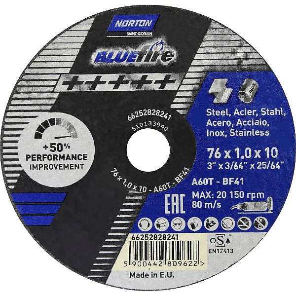 Disco de corte 76mm x 1,0mm x 10mm T41 Bluefire NORTON