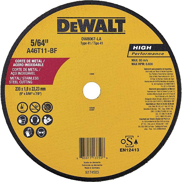 Disco de corte fino 228,6mm x 2,0mm x 22,23mm DW8067-AR DEWALT