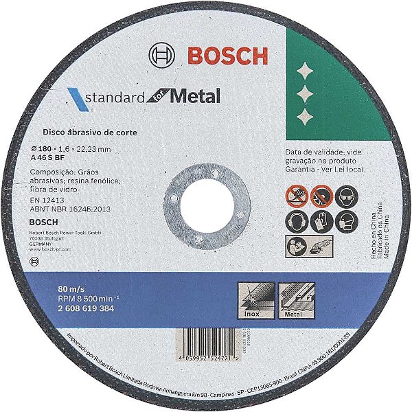 Disco de corte para aço 180mm x 1,6mm x 22,23mm Standard BOSCH