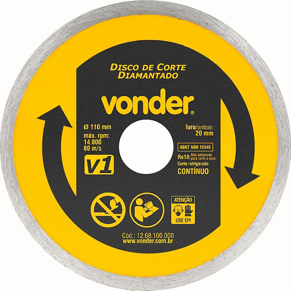 Disco de corte diamantado 110mm furo de 20mm anel contínuo V1 VONDER